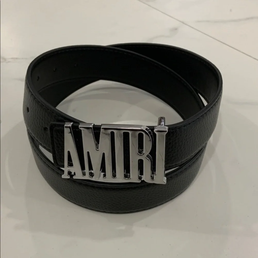 AMIRI Faux Black  Leather Belt Silver Belt Buckle Logo for Men